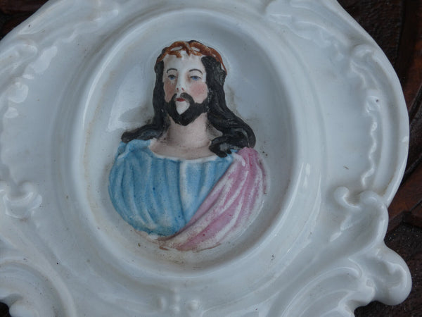 Antique Vieux paris porcelain jesus portrait holy water font plaque