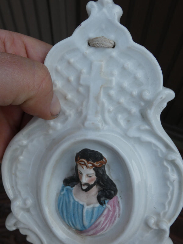 Antique Vieux paris porcelain jesus portrait holy water font plaque