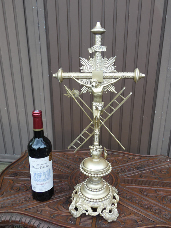 Antique large French brass Silver patinated Crucifix religious