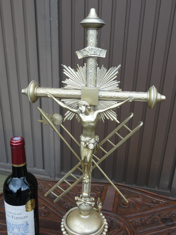 Antique large French brass Silver patinated Crucifix religious