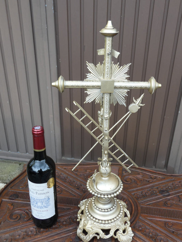 Antique large French brass Silver patinated Crucifix religious