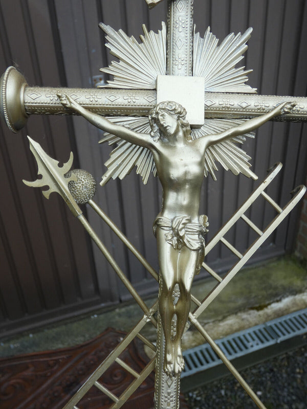 Antique large French brass Silver patinated Crucifix religious