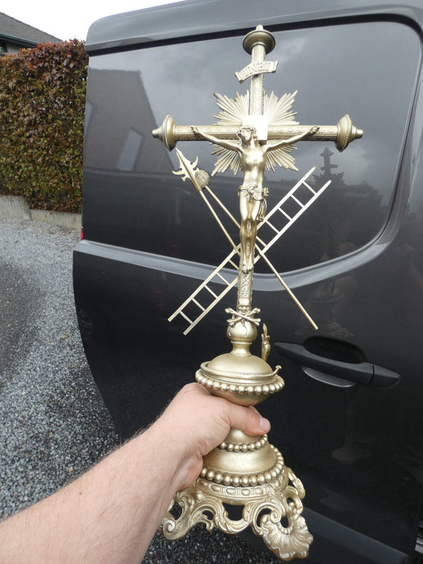 Antique large French brass Silver patinated Crucifix religious