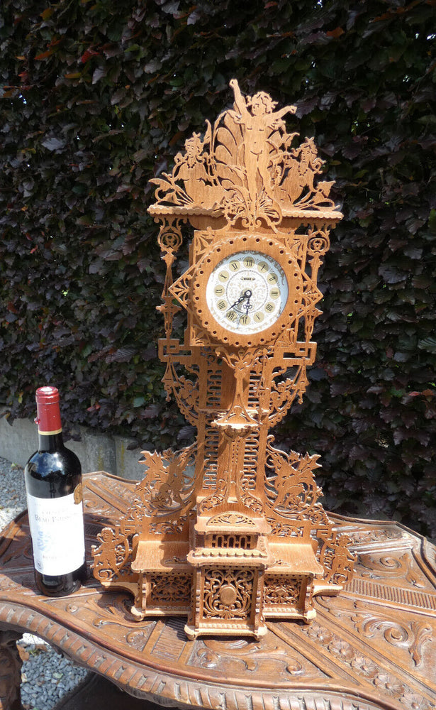 Vintage LArge 24,8" Wood cut mantel clock figural putti decor 1960