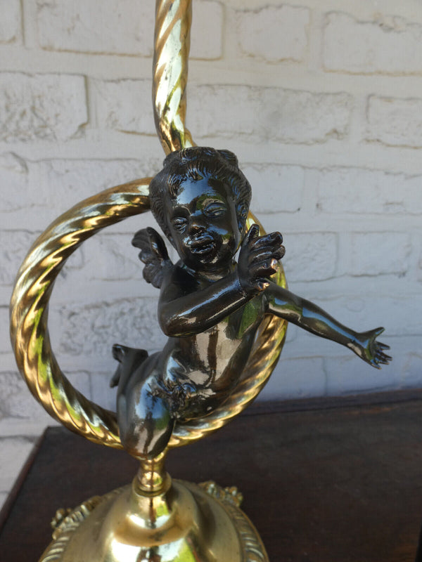 Vintage bronze putti cherub table lamp glass shade 1960s rare