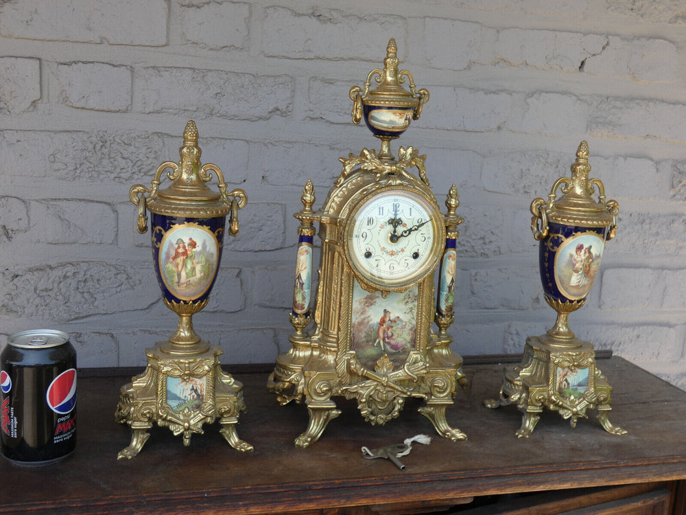 Vintage 1970 bronze porcelain mantel clock set romantic decor FHS movement