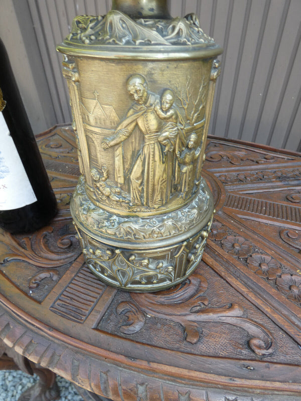 Anique copper relief Religious saint vincentius oil lamp glass shade 19thc