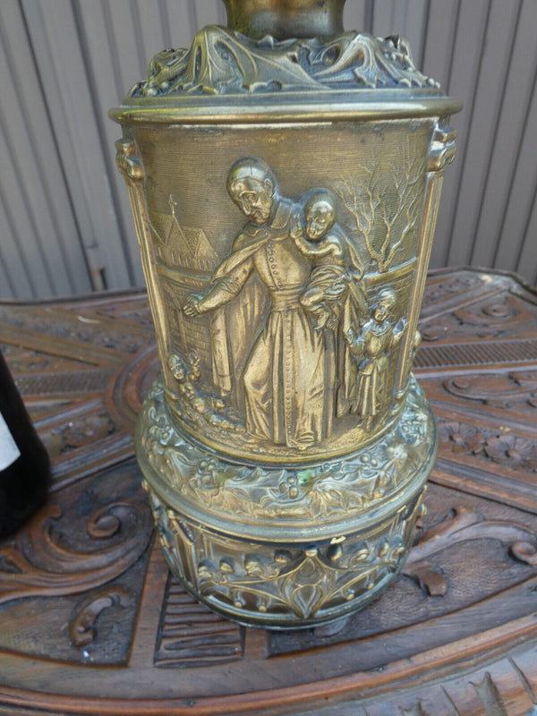 Anique copper relief Religious saint vincentius oil lamp glass shade 19thc