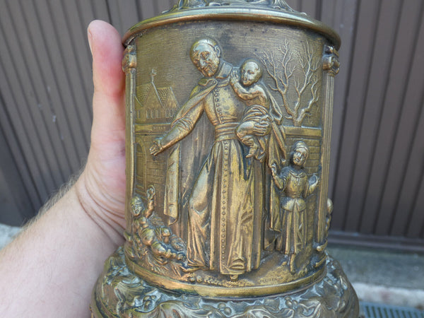 Anique copper relief Religious saint vincentius oil lamp glass shade 19thc