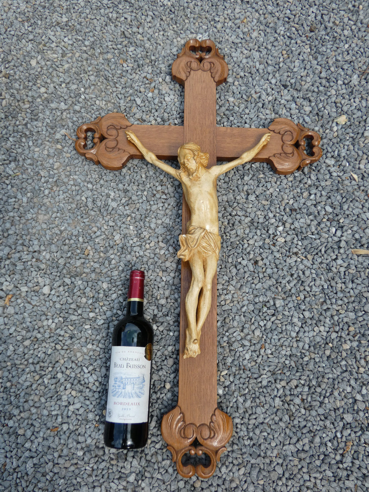 Antique 35,4" XL wood carved ceramic corpus christ Crucifix cross religious rare