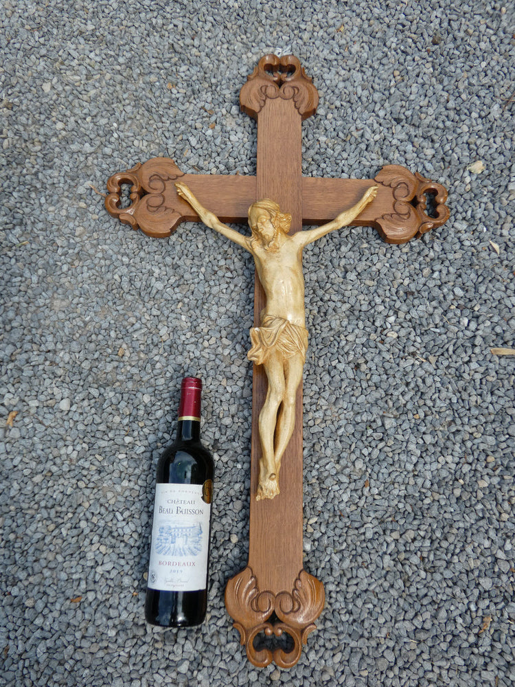 Antique 35,4" XL wood carved ceramic corpus christ Crucifix cross religious rare