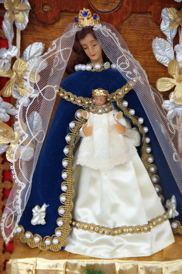 XL French wood cut neo gothic Religious wall chapel altar Madonna Crucifix 1950