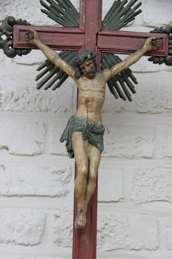 Top XL Antique Religious Altar Church crucifix Wood carved dated 1819