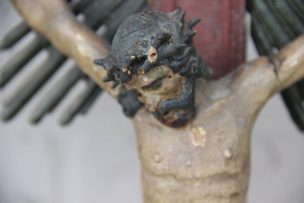 Top XL Antique Religious Altar Church crucifix Wood carved dated 1819