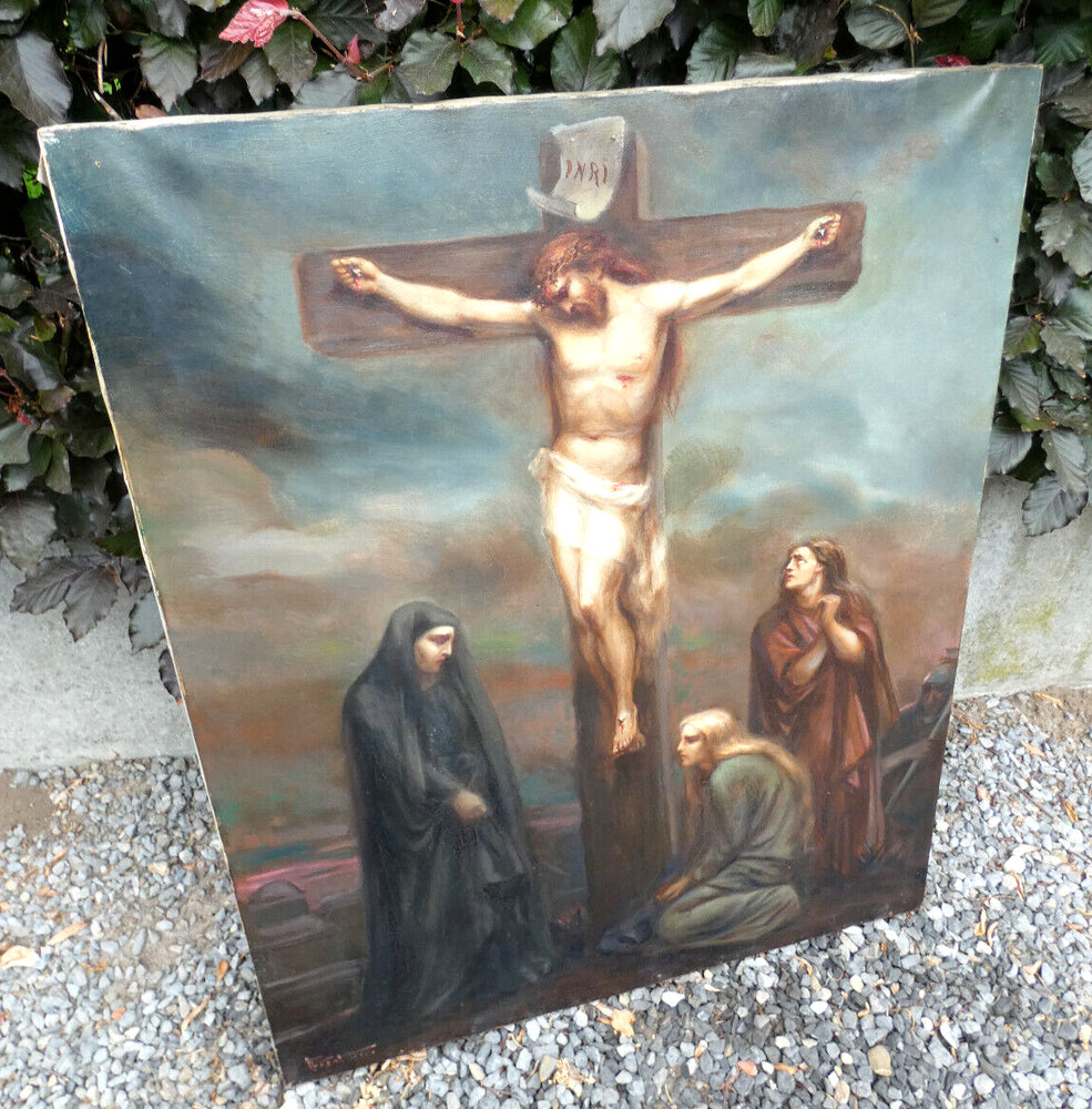 Antique 19thc French oil canvas Calvary crucifixion crucifix jesus signed