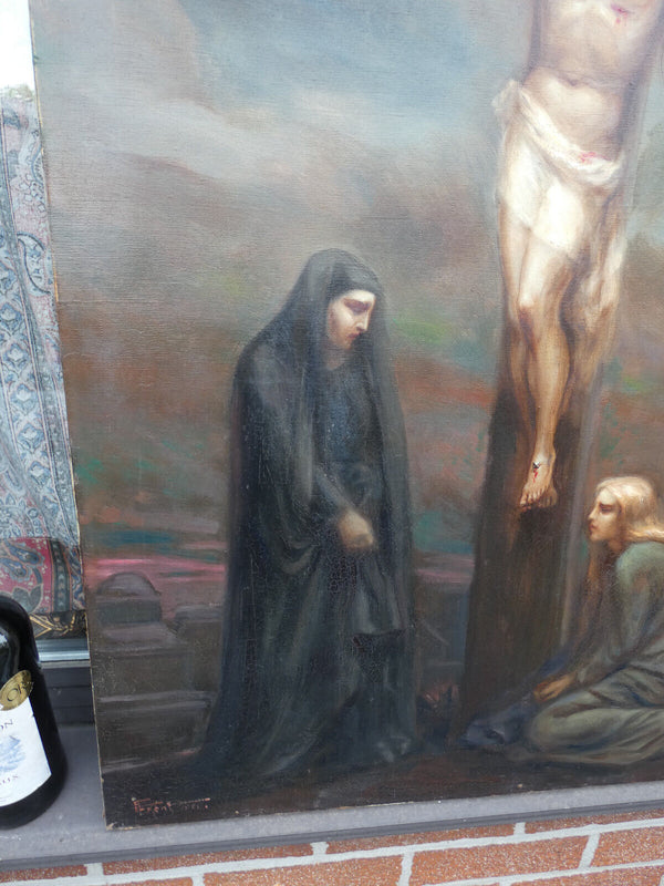 Antique 19thc French oil canvas Calvary crucifixion crucifix jesus signed