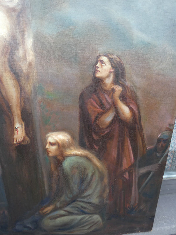 Antique 19thc French oil canvas Calvary crucifixion crucifix jesus signed