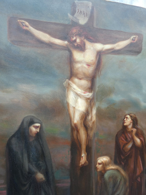 Antique 19thc French oil canvas Calvary crucifixion crucifix jesus signed