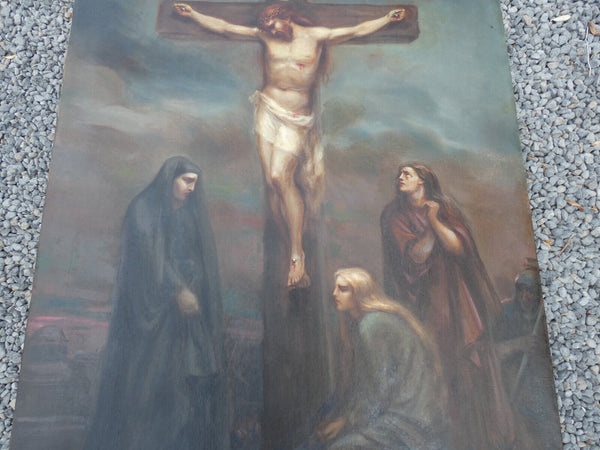 Antique 19thc French oil canvas Calvary crucifixion crucifix jesus signed