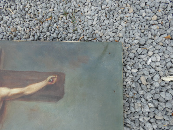 Antique 19thc French oil canvas Calvary crucifixion crucifix jesus signed