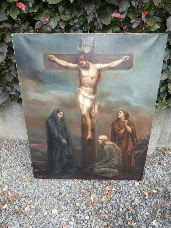 Antique 19thc French oil canvas Calvary crucifixion crucifix jesus signed
