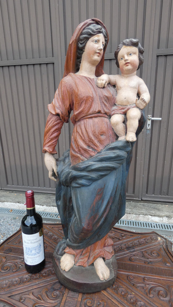 Antique 32" Flanders Baroque Madonna child statue sculpture wood carved rare