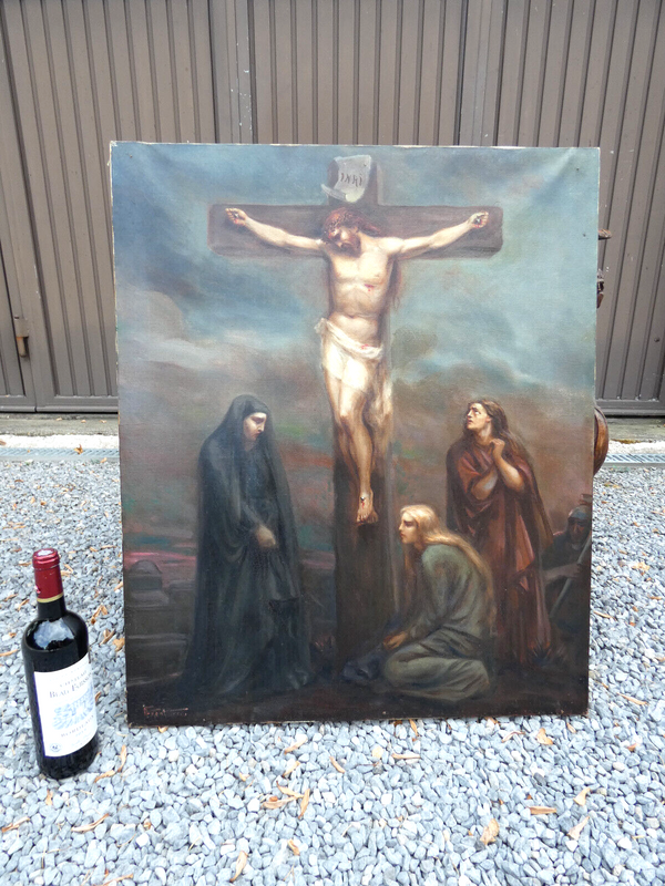 Antique 19thc French oil canvas Calvary crucifixion crucifix jesus signed