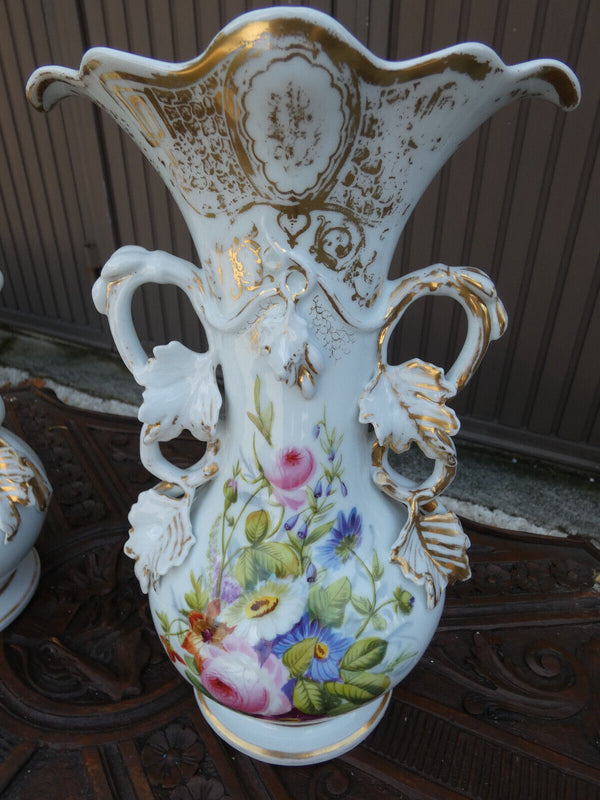 PAIR antique vieux paris porcelain floral decor vases