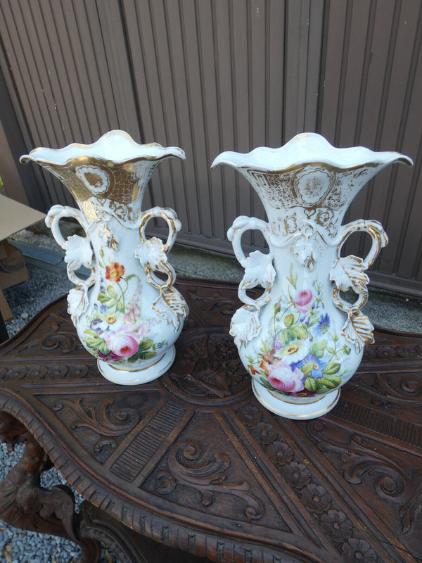 PAIR antique vieux paris porcelain floral decor vases
