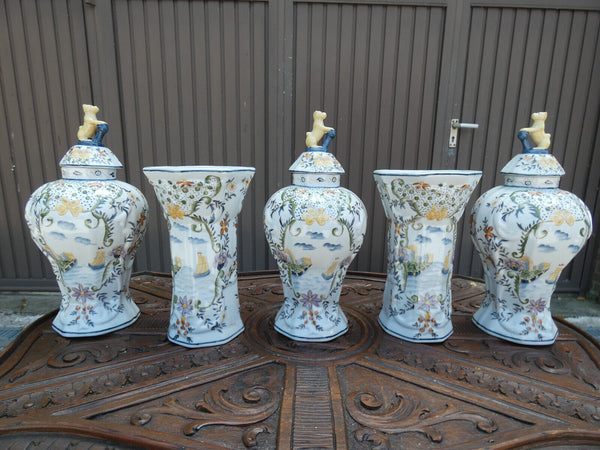 SEt 5 French faience marked Vases landscape decor dog lid