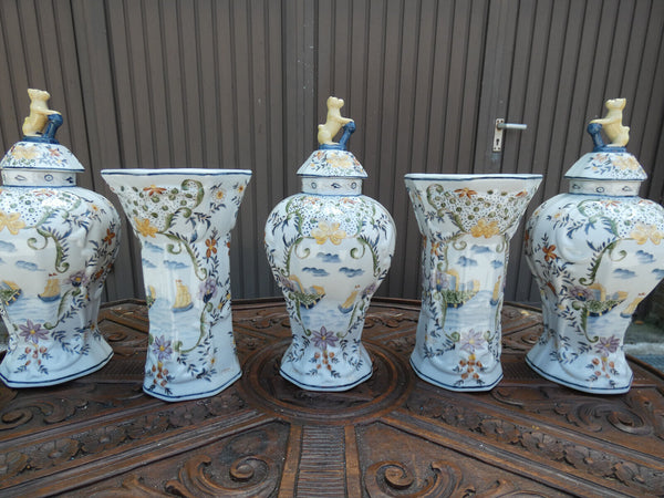 SEt 5 French faience marked Vases landscape decor dog lid