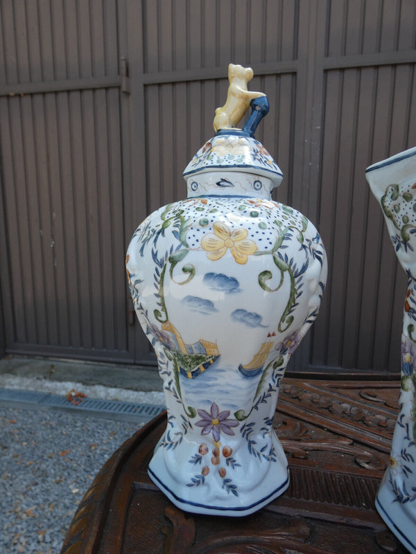 SEt 5 French faience marked Vases landscape decor dog lid