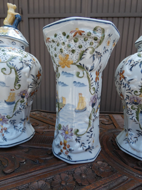 SEt 5 French faience marked Vases landscape decor dog lid