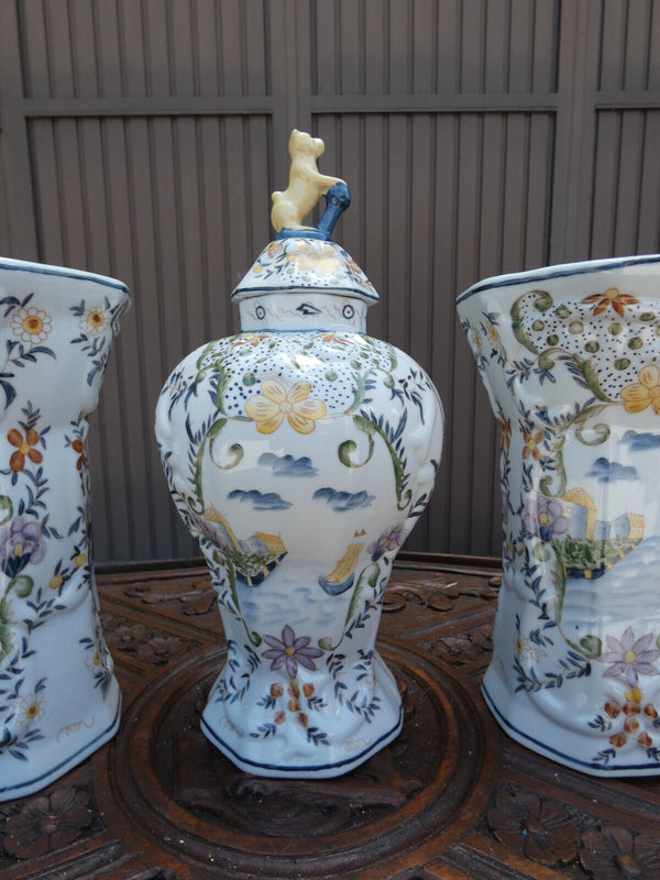 SEt 5 French faience marked Vases landscape decor dog lid