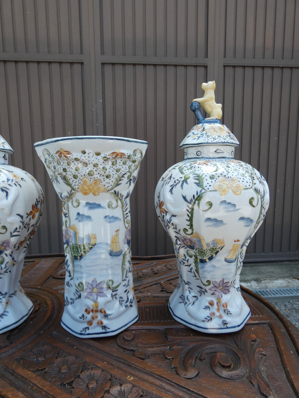 SEt 5 French faience marked Vases landscape decor dog lid