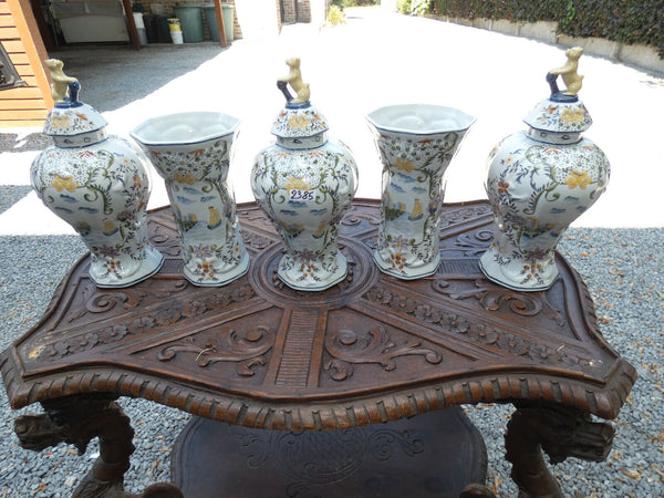 SEt 5 French faience marked Vases landscape decor dog lid