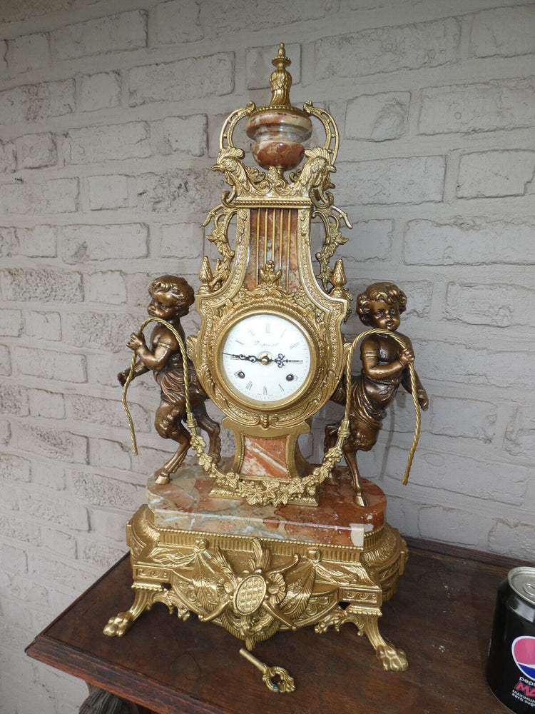 Italian  marble bronze faun putti figural mantel clock 1970 rare