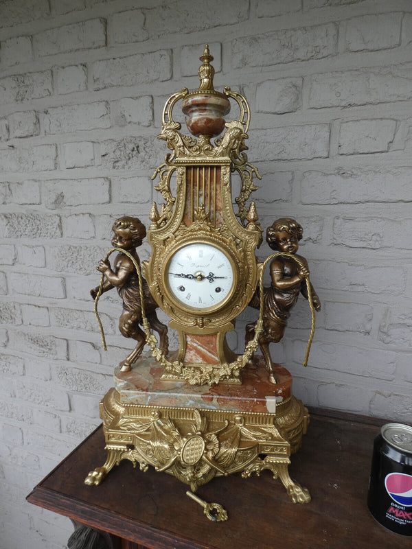 Italian  marble bronze faun putti figural mantel clock 1970 rare