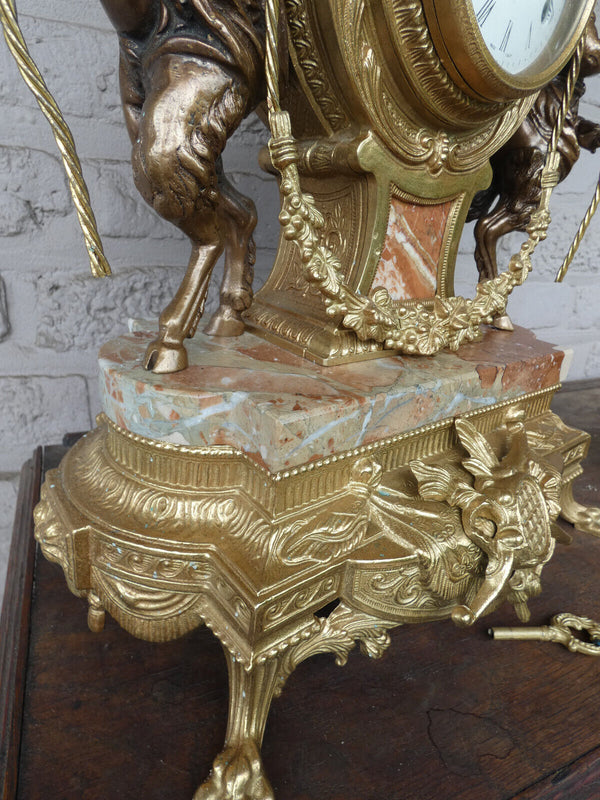 Italian  marble bronze faun putti figural mantel clock 1970 rare