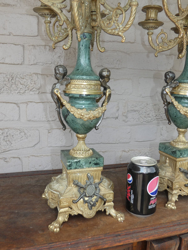 PAIR XL Green marble candelabras candle holders putti angels bronze