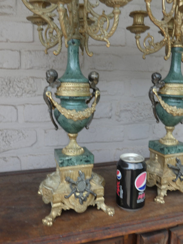 PAIR XL Green marble candelabras candle holders putti angels bronze