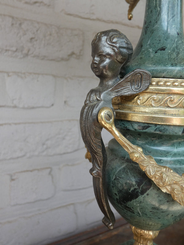 PAIR XL Green marble candelabras candle holders putti angels bronze
