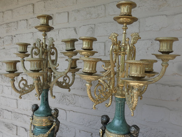 PAIR XL Green marble candelabras candle holders putti angels bronze