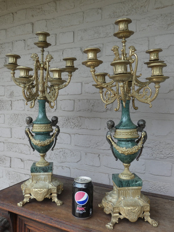 PAIR XL Green marble candelabras candle holders putti angels bronze