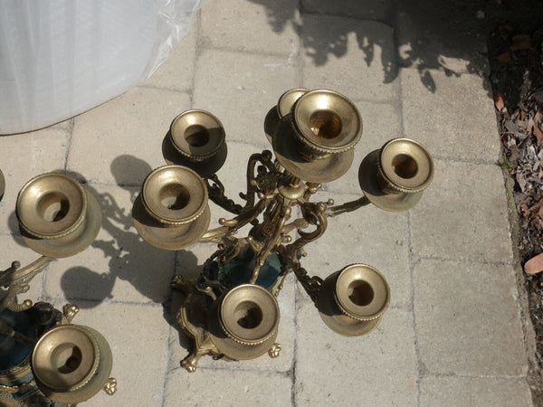 PAIR XL Green marble candelabras candle holders putti angels bronze