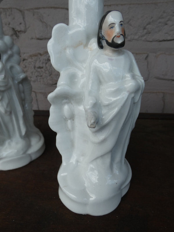 pair antique vieux brussels porcelain candlestick saint mary and joseph figurine