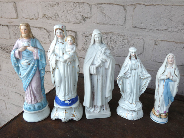 Set 5 antique french vieux paris porcelain figurine statue religious madonna