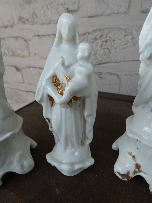 Set 3 antique french vieux paris porcelain figurine statue mary madonna