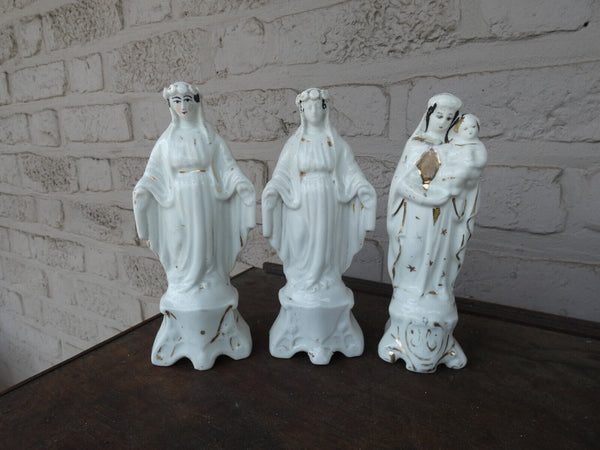 Set 3 antique french vieux paris porcelain figurine statue mary madonna