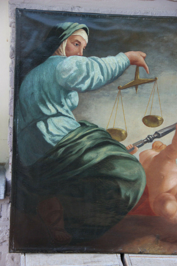 Antique 1900 Oil canvas painting LAdy Justice putti angels signed judge lawyer